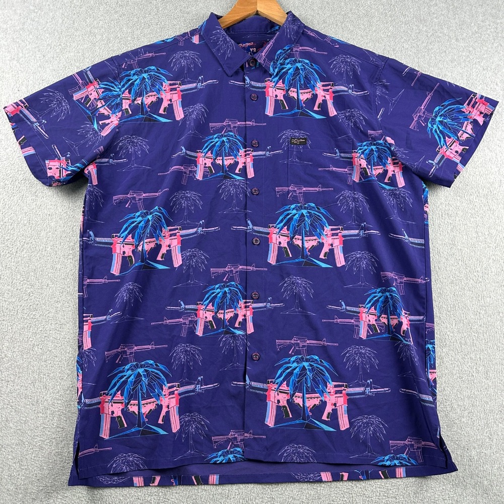 Retro Rifle Shirt Mens XXL V2 Retro Gun Purple Short Sleeve Button-Down Stretch